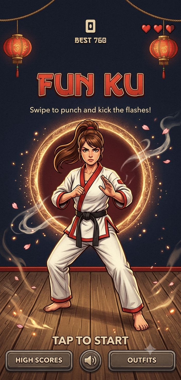 Fun Ku gameplay: a karate fighter in a dojo with the score and Tap to Start